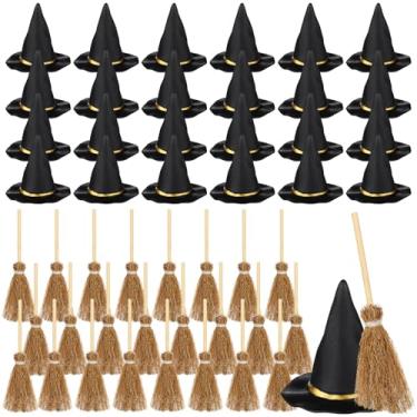 Imagem de WinnerWhy 48 mini chapéus de bruxa e vassoura, decorações de Halloween, acessórios de bruxo para festas de fim de ano, artesanato DIY (preto, 3,8 cm)