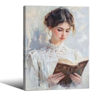 Imagem de Arte de parede em tela: mulher livresca vintage lendo 20x25cm emoldurada