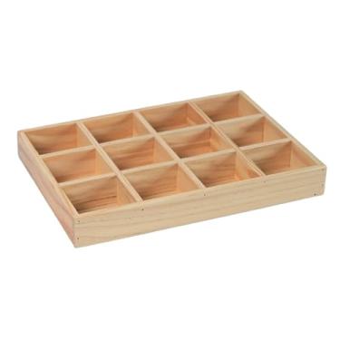 Imagem de DimyFew Bandeja organizadora de joias de madeira maciça com 12 grades, 13,2 x 9,4 x 1,8 polegadas, para quarto e sala de estar, leve e multifuncional, Marrom Claro