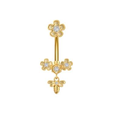 Imagem de Niaspi Anéis de umbigo de abelha para mulheres de aço inoxidável, cristal floral com abelha, pingente de abelha, barra curvada para piercing (ouro)