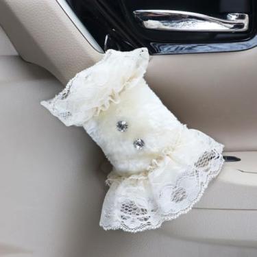 Imagem de MINGZAIQIPEI Conjunto fofo de 2 peças com diamantes de renda de pelúcia capa de alça de carro, luvas de aderência de carro, capa de puxador de porta interna, protetor de alça acessórios interiores
