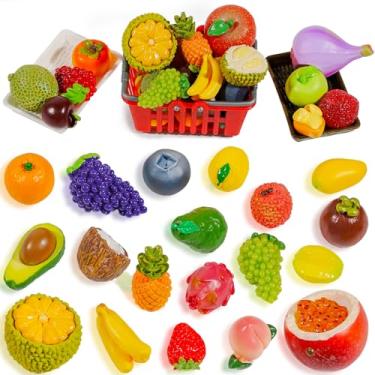 Imagem de Exasinine 33 peças miniaturas de frutas, morango, pêssego, uvas, minifiguras de resina, frutas artificiais, para jardim, cozinha, jogos, decoração de bolo