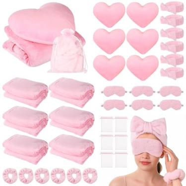 Imagem de Homaisson Conjunto de 36 peças de artigos de festa do pijama para mulheres, almofadas em forma de coração rosa, cobertor rosa macio, máscara para os olhos, faixa de cabeça, laços de cabelo, bolsas de