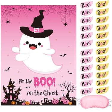 Imagem de Faccito Jogos de chá de bebê de Halloween Pin The Boo on The Ghost Halloween Pin Game com pôster de fantasma rosa 24 adesivos de boo vendado, decoração de fantasma de Halloween para chá de bebê, festa