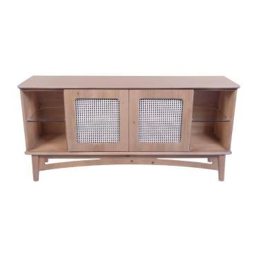 Imagem de Rack Para Tv De Madeira 2 Portas Em Rattan E 2 Prateleiras De Vidro - Avelã