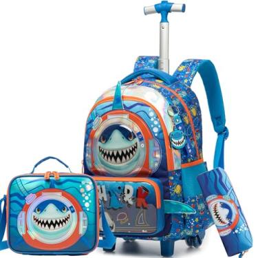 Imagem de Mochila com rodas para meninos, mochila com rodinhas para crianças, mochila escolar com rodinhas para escola com lancheira, estojo de lápis