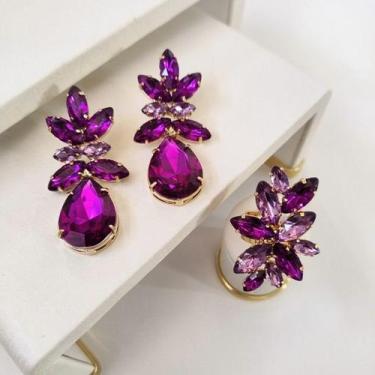 Imagem de Kit Anel Regulável e Brinco Trevolond Tons de Roxo - Mania de Mulher -