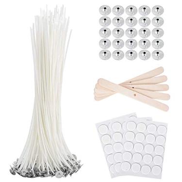 Imagem de Velas de algodão a granel 8 polegadas pré-enceradas 80 peças com 60 adesivos de pavio de vela, 5 peças de dispositivo de centralização de pavio de vela e 20 peças de abas de metal para fabricação de