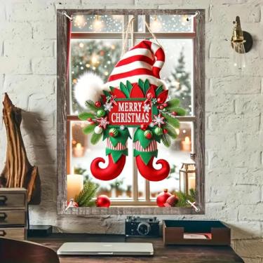 Imagem de BlissYard Capa de janela de Natal, 78 x 128 cm, chapéu de elfo, placa de poliéster, painel de janela, pano de fundo para pendurar no interior, faixa de Feliz Natal para fundo de parede, exibição de