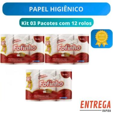 Imagem de Kit 3 Pacotes Papel Higiênico Fofinho Folha Dupla Neutro 30m 12 Rolos