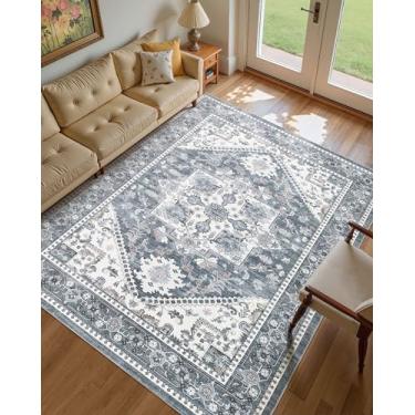 Imagem de Micgeek Tapete vintage de 20 x 25 cm: Tapete de piso grande lavável neutro macio antiderrapante fino para sala de estar, quarto, cozinha, sala de jantar, casa, escritório, quinta, interior - azul