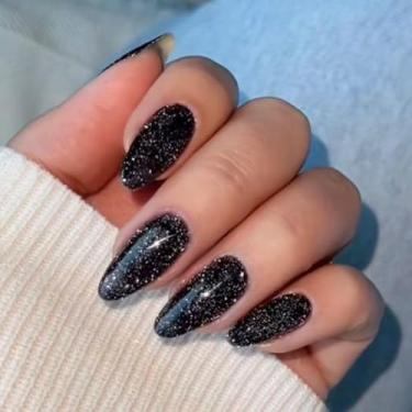 Imagem de Modelones 32 peças de unhas postiças pretas brilhantes de amêndoa, glitter curto de amêndoa, kit de unhas reutilizáveis com abas adesivas de cola para unhas, mini lixa de unha, prensa de unhas, 16