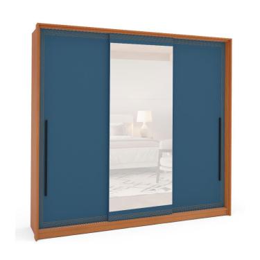 Imagem de Guarda-Roupa Casal com Espelho Valência 3 Portas 4 Gavetas Freijó e Azul