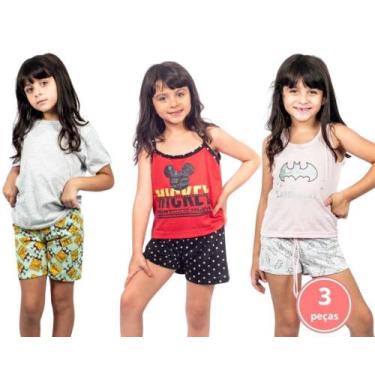 Imagem de Kit 3 pijamas infantis feminino baby doll menina personagens desenho h