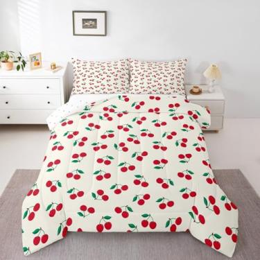 Imagem de Feelyou Conjunto de cama king size de cerejeira fofo com frutas e cerejeiras para crianças, meninos, meninas, conjunto de edredom de microfibra kawaii, conjunto de edredom para quarto