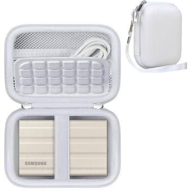 Imagem de RAIALL Capa rígida para Samsung T7 Shield/ T7/ T9/ T7 Touch SSD portátil 1TB 2TB 4TB, bolsa de viagem para armazenamento de disco rígido externo, bolso de malha para acessórios de cabo USB, branca