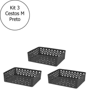 Imagem de Kit 3 Cestos Caixa Organizador Multiuso Plástico Médio Com Furinhos Az