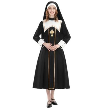 Imagem de LSYYSKB Fantasia feminina de freira assustadora, tamanho grande, padre, Halloween, conjunto com 3 peças, Preto, GG