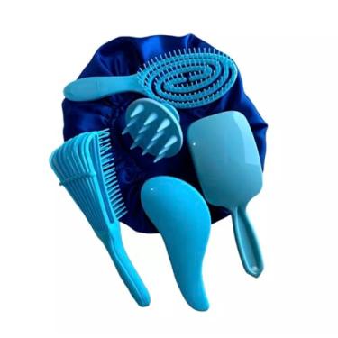 Imagem de Kit 05 Escova Flex com Raquete Fashion Escova Mágica Massageador de Silicone e Touca de Cetim (Azul Bebê)