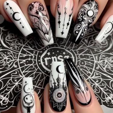 Imagem de Unhas postiças de pressão longa para caixão, unhas postiças com ponta francesa, cola, grafite branco, preto, com desenhos, bailarina, acrílico, 24 peças