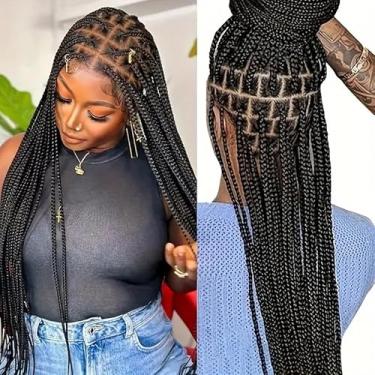 Imagem de PHOCAS Peruca trançada tipo caixa, peruca trançada cacheada sem nós de 101 cm com cabelo de bebê, renda dupla completa, ajuste seguro, fácil de usar e manter