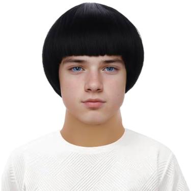 Imagem de PATTNIUM Peruca infantil bob preta para meninos perucas de cogumelo curto liso preto cosplay fantasia cabelo perucas sintéticas (preto)