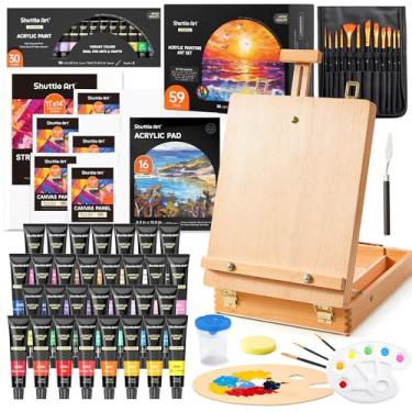 Imagem de Shuttle Art Conjunto de pintura acrílica, pacote com 59 materiais de pintura profissional com cavalete de mesa de madeira, tinta acrílica de 30 cores, tela, pincéis, paleta, kit de pintura completo