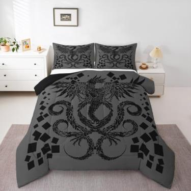 Imagem de Feelyou Conjunto de cama de dragão macio para meninos e meninas, conjunto de edredom de dragão mágico cinza, tamanho Queen, fantasia escura, edredom de microfibra, 3 peças com 2 fronhas