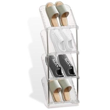 Imagem de Sapateira estreita inclinada de 4 camadas, sapateira fina para pequenos espaços e cantos, prateleira de sapatos transparente, suporte vertical para sapatos, organizador de armazenamento de sapatos