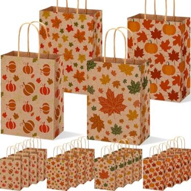 Imagem de Yeaqee 48 unidades de sacos de guloseimas de outono a granel de papel kraft de Ação de Graças com alça folhas de bordo lembrancinhas de festa para o outono de Ação de Graças, presentes de embrulho