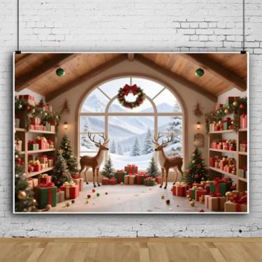 Imagem de Cenários de Natal de 3,7 x 2,4 m para sessão de fotos, sala de madeira, janela nevada de inverno, cenário de paisagem, tema de Natal, fotografia de fundo, Happy Holidays, decorações de aniversário