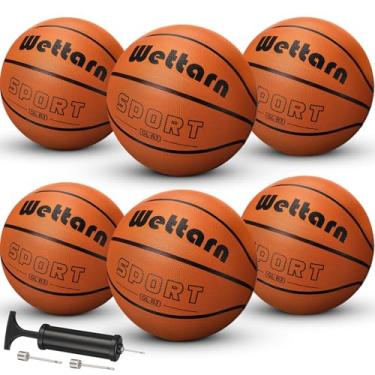 Imagem de Wettarn Pacote com 6 bolas de borracha para treinamento de basquete com bomba tamanho 3, bola de rua de 55 cm feita para adolescentes e adultos, jogos internos e externos, academia, treinamento