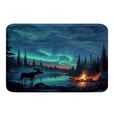 Imagem de Erosebridal Tapete de banho Aurora Moose 40,6 cm x 61 cm, conjunto de tapete de banheiro rústico para crianças e adultos, barraca de acampamento, campista, floresta pinheiro, capacho de quarto,
