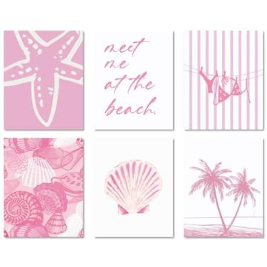 Imagem de MINI ZOZI Arte de parede costeira preppy rosa choque 20 x 25 peças 6 peças impressão estética pôsteres adolescentes surfistas meninas netas quarto concha decorações oceano estrela do mar bonito casa