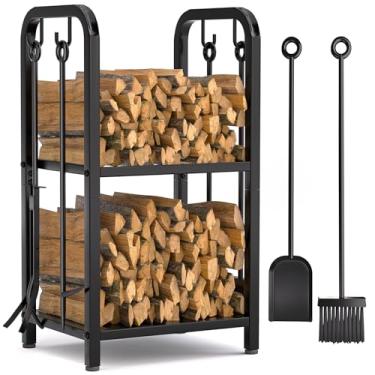 Imagem de Vailge Rack de lenha interno com 4 peças de ferramentas de lareira longas e removíveis, armazenamento de suporte de lenha de 2 camadas de aço resistente, suporte de lenha para lareira, fogueira, fogão