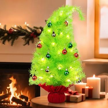 Imagem de Árvore de Natal pequena de 6 m, mini árvore de Natal verde limão dobrável com mini enfeites de bola, decoração artificial caprichosa para festa de férias e escritório em casa