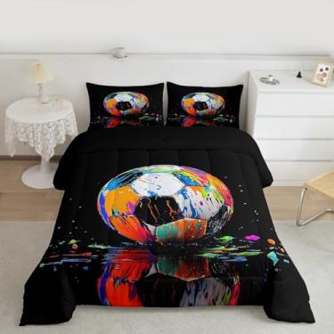 Imagem de Feelyou Conjunto de edredom de futebol de grafite, tamanho casal, para crianças, meninos, meninas, hippie, estilo grafite, edredom colorido, moderno, decoração de quarto de microfibra, 3 peças com 2