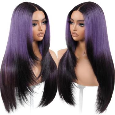 Imagem de Peruca BrownBomb Ombre roxa preta de renda sintética frontal 66cm
