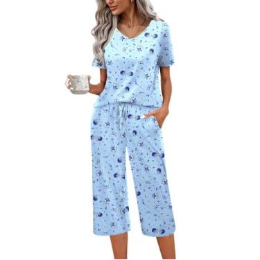 Imagem de Conjunto de pijama feminino Ekouaer de manga curta de algodão com calç