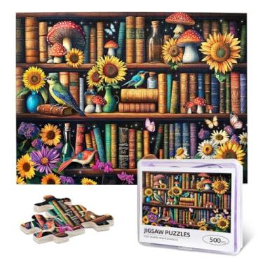 Imagem de Vintage Wildflower Book Jigsaw Puzzles for Adults 500 Pieces Bird Sunflower Books Pages Puzzle Retro Bookshelf Wooden Puzzle Blossoming Wildflowers Literary Theme Books Puzzles for Book Lovers