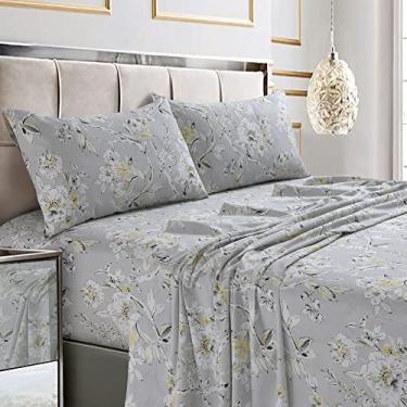 Imagem de Tribeca Living Jogo de cama Queen, cetim de algodão macio de 300 fios, estampa floral com bolsos extraprofundos, conjunto de cama de 4 peças, cinza prata colmar/multicolorido