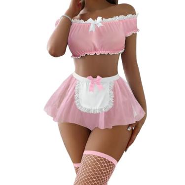 Imagem de Foxiny Mini saia sexy de malha de renda transparente para Halloween, roupa de empregada doméstica, conjunto de 4 peças, Rosa claro, 4X-Large