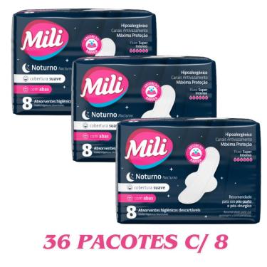 Imagem de Absorvente Feminino Fluxo Intenso Suave C/ABAS Noturno MILI 36 Pacotes de 8 Unidades    Total 288