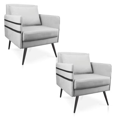 Imagem de Kit 02 Poltronas Mari Suede Cinza Pés Palito de Ferro Preto - D'Rossi
