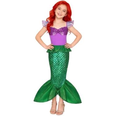 Imagem de Vestido de princesa de sereia para meninas fantasia de Ariel para festas de aniversário, fantasias de cosplay de Halloween (6-7 anos) Y088XL