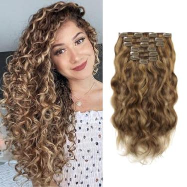 Imagem de Loxxy Extensões de cabelo humano com clipe ondulado natural 40,64 cm #P4/27 castanho escuro misturado com extensões de cabelo humano real loiro caramelo para mulheres trama dupla 120 g/conjunto, 7 peças/lote e 17 clipes por pacote