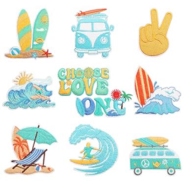 Imagem de 10 peças de apliques de ferro com tema de surfe na praia, campismo ondulado, van, prancha de surfe, aplique bordado, estilo de férias de verão, costurado, bordado para roupas, jeans, jaqueta, chapéus