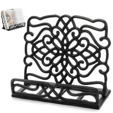 Imagem de YOUEON Suporte de livro de receitas de metal vintage para balcão de cozinha, suporte de livro de receitas de ferro fundido preto com recorte floral, suporte versátil para tablet, moldura, bíblia