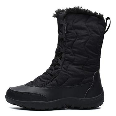 Imagem de Bigfanshu Botas femininas na altura do joelho com salto impermeável para neve ao ar livre sapatos de algodão tubo quente esqui plus veludo, Preto, 36 M EU