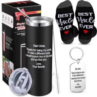 Imagem de Hushee Pacote com 3 Uncle Gift Set from Niece Nephew, Thanks For Being My Uncle Caneca de viagem de 590 ml para meias Uncle and Best Uncle Ever, chaveiro do tio, presente engraçado de aniversário de Natal para o tio